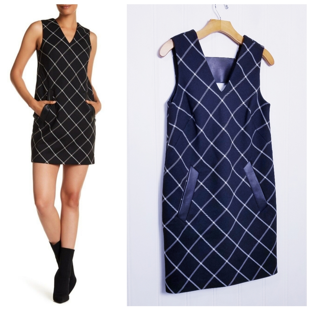Rag & Bone Wool Shift Dress Leather Trim Windowpane V-Back Cutout Size 0